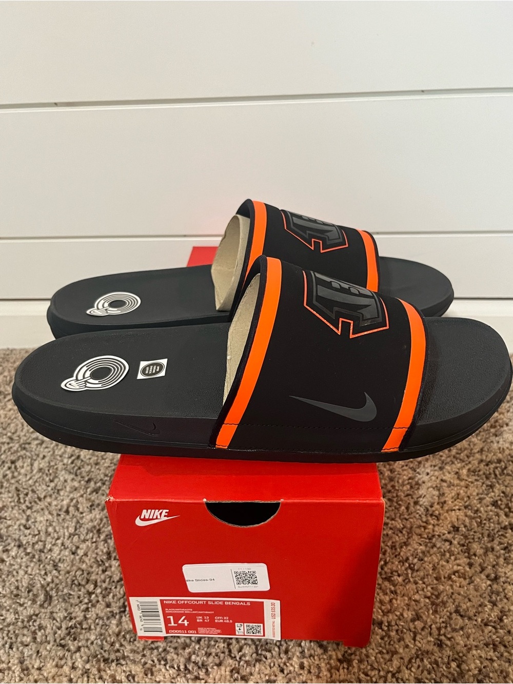 Nike Black and Orange Bengals Men's Slide Sandals with Grey Swoosh